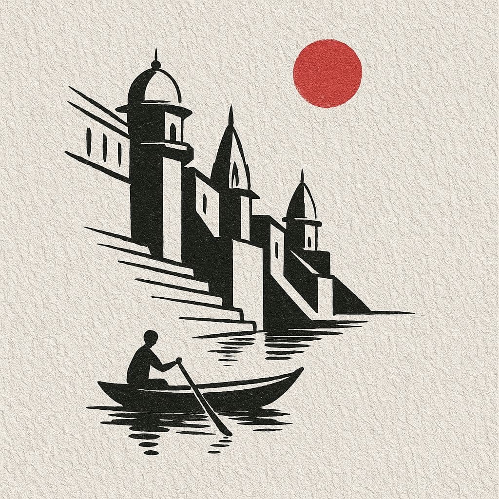 Varanasi Ghat & Boatman Minimalist Indian Art Poster