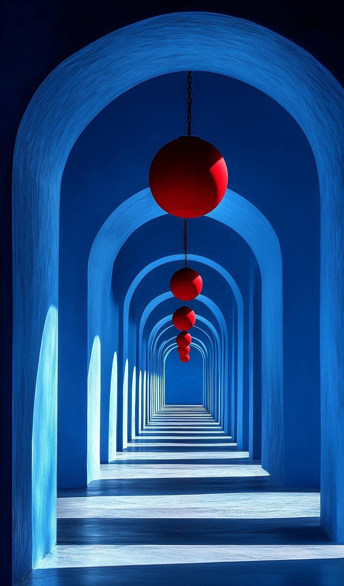Minimalist Blue Archway & Hanging Red Spheres Aesthetic Poste
